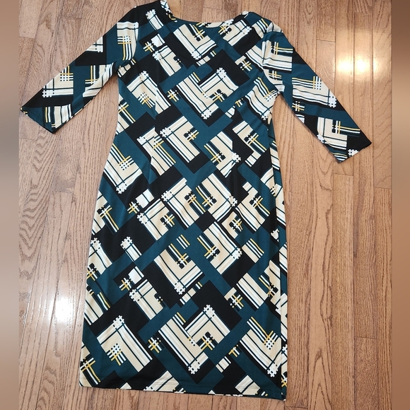 Cato Woman Ladies Dress Size L Green, Blacks and Tan Fully Lined 3/4 Sleeve - Picture 5 of 6